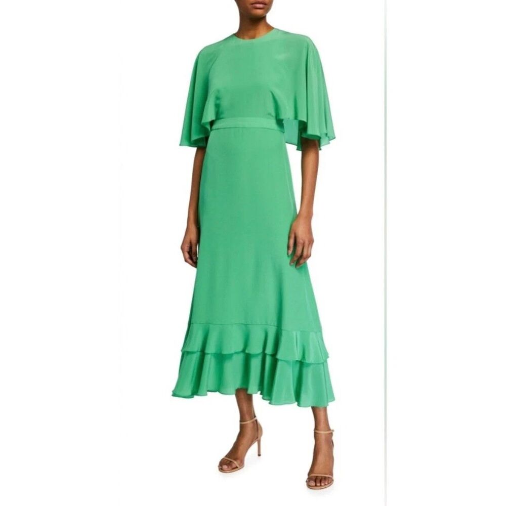 ALEXIS Midi Dress Womens Size 0 Green Cape Sleeve Tiered 100% Silk CATELINE